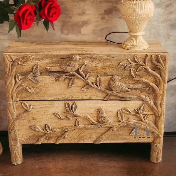 Hand Carved Ornithology 2 Drawers Dresser in Washed Grey | Luxury Custom Made Dresser