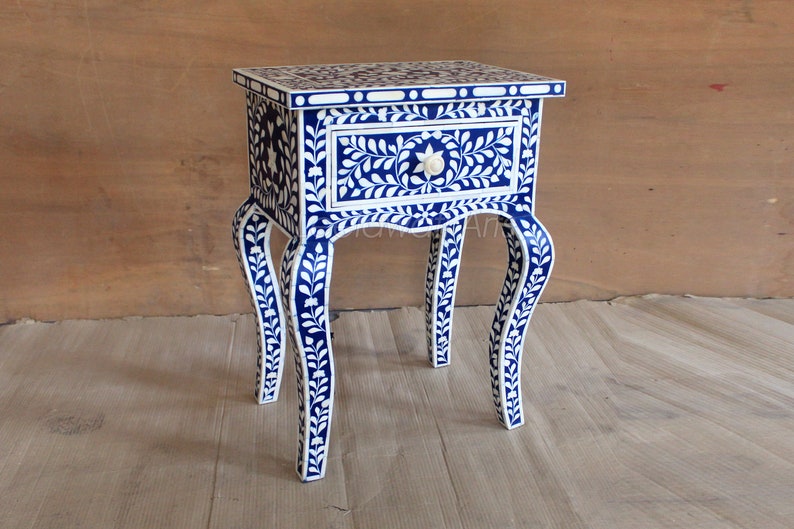 Handmade Bone Inlay Chest of 1 Drawer Bedside Table End Table Side Table Blue Modern Center Table Smart Table