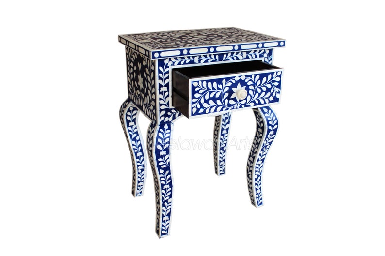 Handmade Bone Inlay Chest of 1 Drawer Bedside Table End Table Side Table Blue Modern Center Table Smart Table