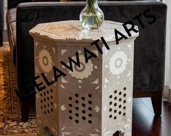 Wood Inlay Bedside Table Antique Style Living Room Decor Table