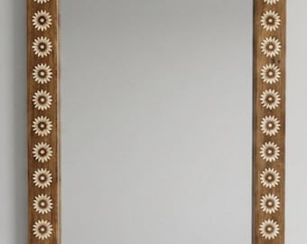Wood Inlay Mirror Frame Hand Painted Floral Design 30x40 Inch Home Decor