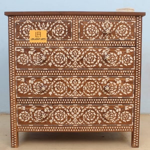 Handmade Wooden Bone Inlay Unique Floral Design Chest of 5 Drawers