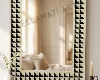 Handmade Wood Inlay Mirror Frame | Luxury Living Room Black & White Mirror Frame