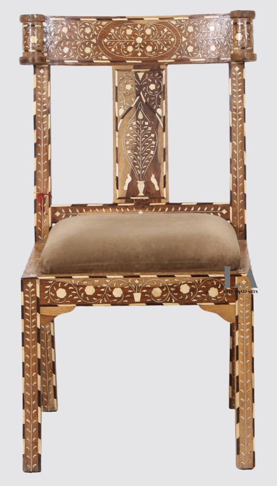 Handmade Wood Inlay Chair Royal Living Room Furniture, Hand-Painted Floral Design