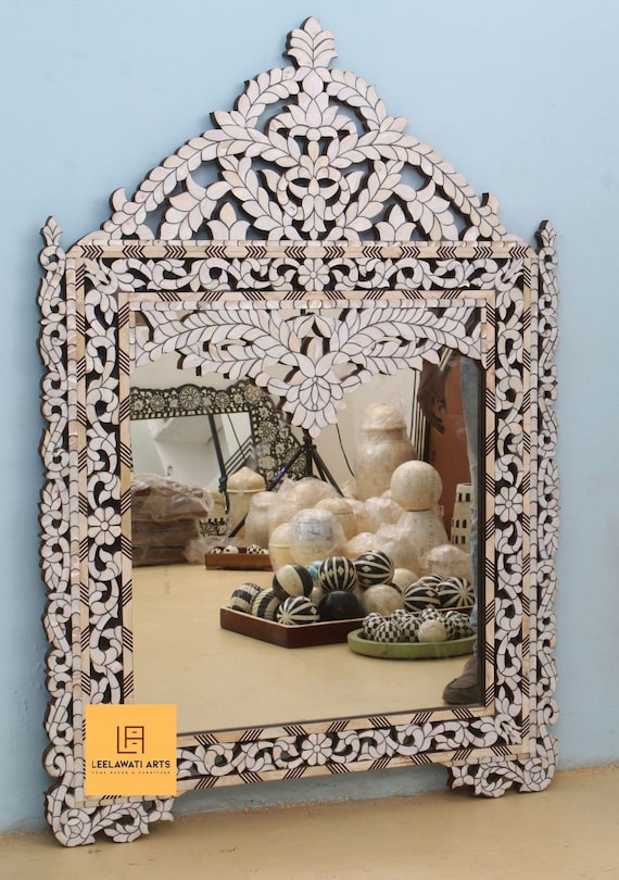 Mother of Pearl Inlay Mirror Frame Teak & Mango Wood, Floral