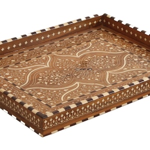 Home Decorative Wood Bone Inlay Serving Tray | Wood Inlaid Design Handmade Serving Tray | Wood Bone Inlay Table Tray