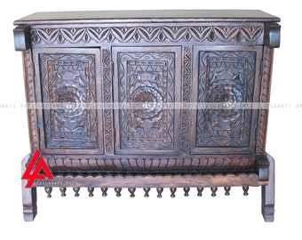 Home Décor Carved Buffet Mango Wood Decorative Chest Of 3 Door living Room Buffet