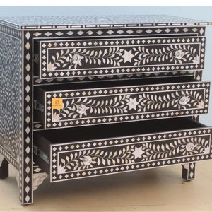 Home Décor Mother Of Pearl Inlay Dresser | Home Decorative Black Chest Of 3 Drawer | Living Room Dresser