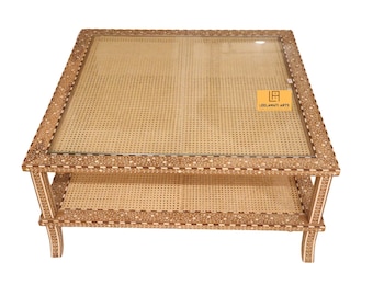 Wood Bone inlaid Caning Table. 42 X 42 X 18 Inch