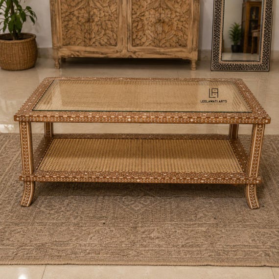 Handmade Bone Inlay Coffee Table, Cane Center Table, Vintage Style Glass Top Table