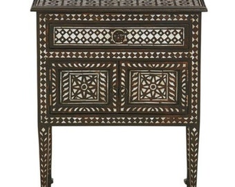 Wood Bone Inlaid Bedside Table | Home Décor Bedside | Bone inlay 2 Door Bedside | Living Room Antique Table