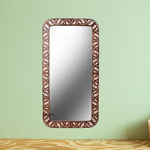 Wood Mother Of Pearl Inlay Floral Design Brown Color Mirror Frame