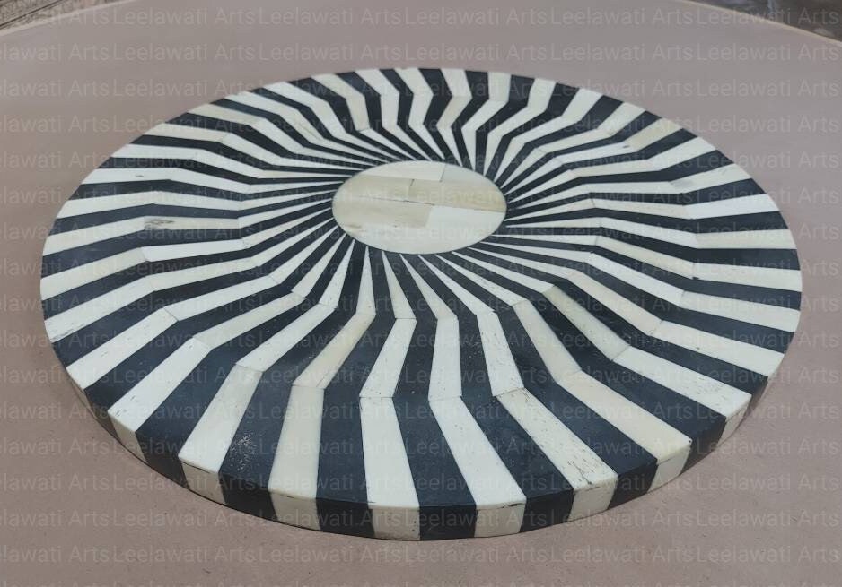 Wood Bone Inlay Black And White Round Design Table Top