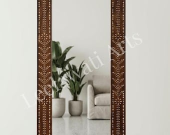 Handmade Wood Inlay Full Length Mirror Frame  Floral Design Royal Living Room Decor