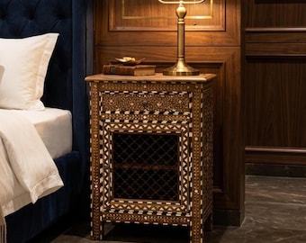 Handmade Wood Inlay Bedside Table | Luxury Home Living Room Custom Furniture
