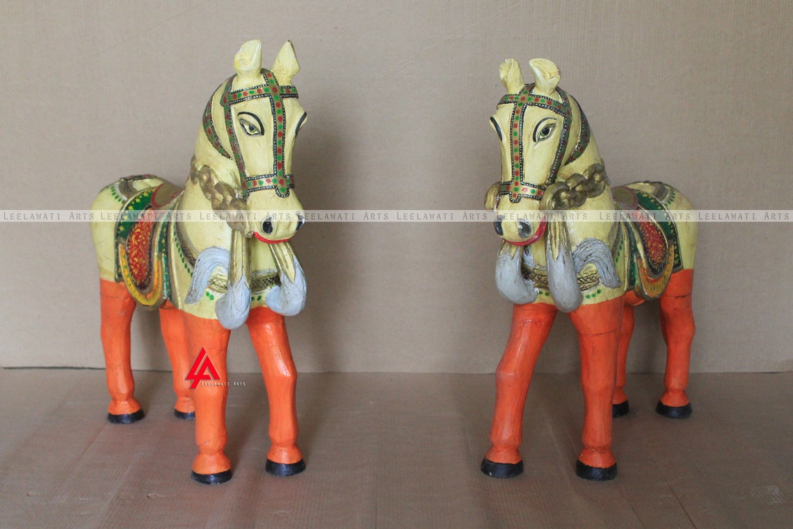 Pair of Decorative Antique Hand Carved Wooden Statues of a Lovely