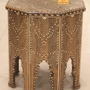 Home Décor Wood Bone Inlay Hexagon Side Table | Coffee Table | Bedside Table Wood Bone Inlaid Table