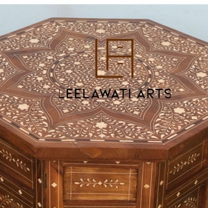 Wood Bone Inlaid Table Home Décor | Wood Bone Inlay Hexagon Side Table | Antique Inlaid Coffee Table | Wood Bedside InlayTable