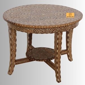 Wood Bone Inlay Round Side Table / Coffee Table / Inlay Coffee Table Inlaid Coffee Table Bone Inlay Table| Foldable Table