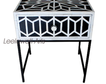 Inlay Bedside Table Black & White Geometric Design, Modern Nightstand