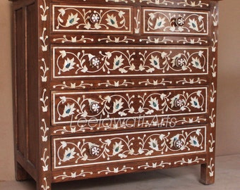 Luxury Mother of Pearl Inlay Dresser Chest of 5 Drawers Sideboard | Wood Inlaid Handmade Vintage Chest of Drawer