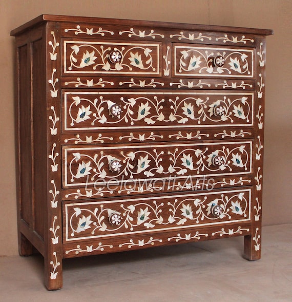 Old Teakwood Cabinet With Later Bone Inlay Old Teakwood Cabinet With Later Bone Inlay