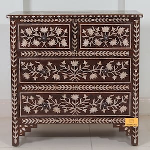 Luxury Mother of Pearl Floral Design Dresser Chest of 4 Drawers Sideboard  /  Handmade Vintage Chest of Drawer | Wood Inlaid Sideboard