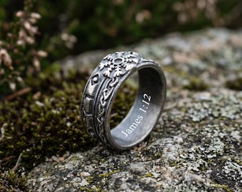 Engraved Oxidized Sterling Silver Viking Rune Ring for Men & Women, Celtic Knot Futhark Band, Norse Mythology Jewelry, Mens Anniversary Gift