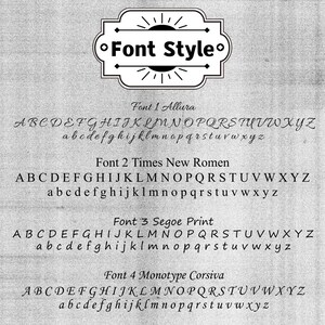 Op de afbeelding: Een zwart-wit lettertypegids met vier verschillende typografie-opties. De lijst bevat Font 1 Allura, Font 2 Times New Romen, Font 3 Segoe Print en Font 4 Monotype Corsiva, waarbij elk het volledige alfabet in hoofdletters en kleine letters weergeeft.