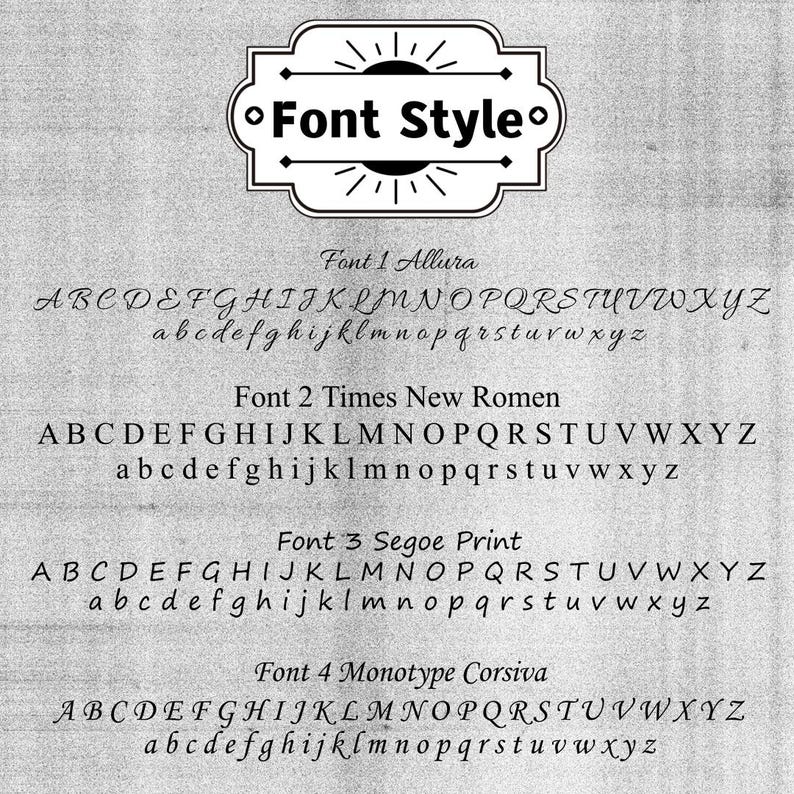 Op de afbeelding: Een zwart-wit lettertypegids met vier verschillende typografie-opties. De lijst bevat Font 1 Allura, Font 2 Times New Romen, Font 3 Segoe Print en Font 4 Monotype Corsiva, waarbij elk het volledige alfabet in hoofdletters en kleine letters weergeeft.