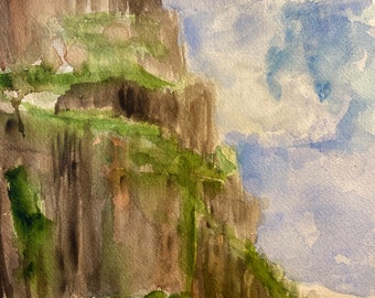 Original Watercolor Landscape Painting Plein Air Rock PNW