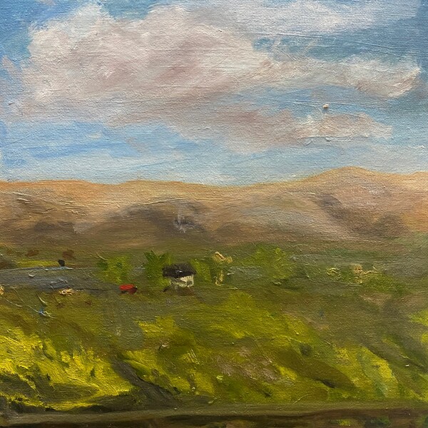 Original Oil Painting, Landscape Painting, Framed, Clouds Sky Farm hills Painting