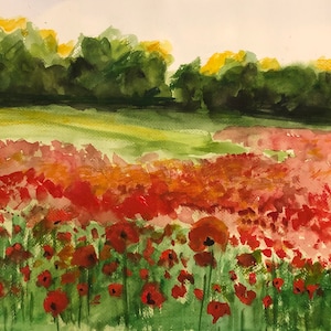 POPPY FIELD PAINTING, Handmade Art Print, Poppies Canvas Art, Red Flowers Print, Watercolor Painting, Home Decor Print, Wildflower Artwork