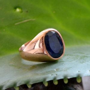 Natural Blue Sapphire Gemstone Sterling Silver 18K Micron Rose Gold Ring, Unisex Ring, Birthstone Ring, Artisan Ring, Sapphire Gemstone Ring