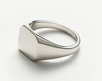 Op de afbeelding: Een zilveren zegelring met een gladde, platte bovenkant. De ring is gemaakt van metaal en heeft een gepolijste afwerking.