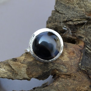 Black Banded Agate Ring, 925 Solid Sterling Silver Ring, Natural Black Banded Agate Ring, Round Agate Stone Ring, Designer Gift Ring Jewelry