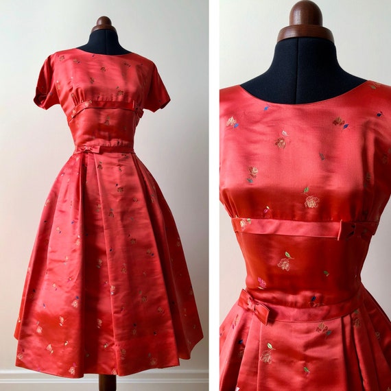 50s Coral Chinese Silk Brocade Party Dress / 1950s