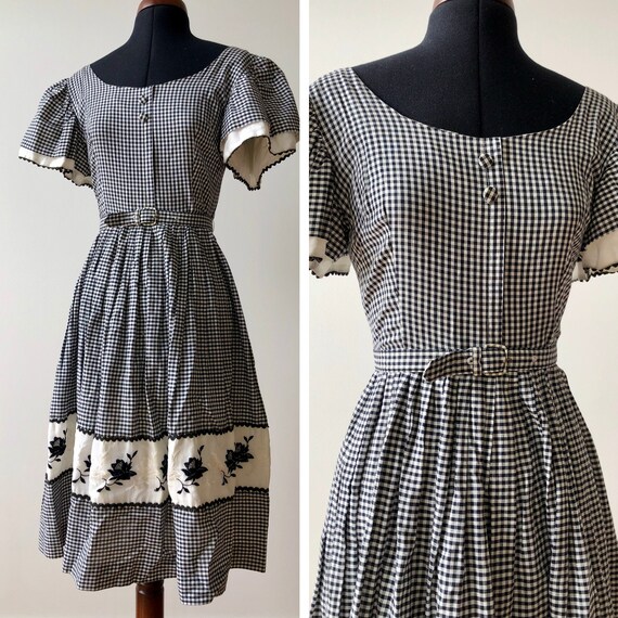 50s Black and White Gingham Cotton Dress / 1950s V