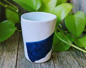 Paint Brush handmade porcelain mug / cup - food safe ceramic kitchenware. Deep marine and pale blue gloss glaze