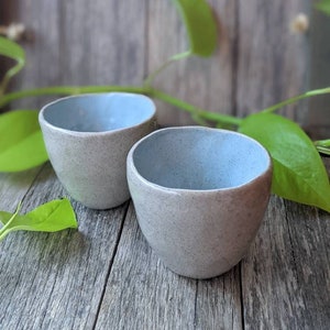 Snow Cones handmade pair of speckled clay mugs w turquoise or white gloss glaze. Unique modern ceramic cups w a beach, summer, ocean vibe Turquoise