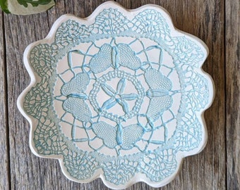 Pale Blue Starfish - textured turquoise jewellery dish / decorative tray / plate. Handmade butterfly lace design. Modern home bedroom decor