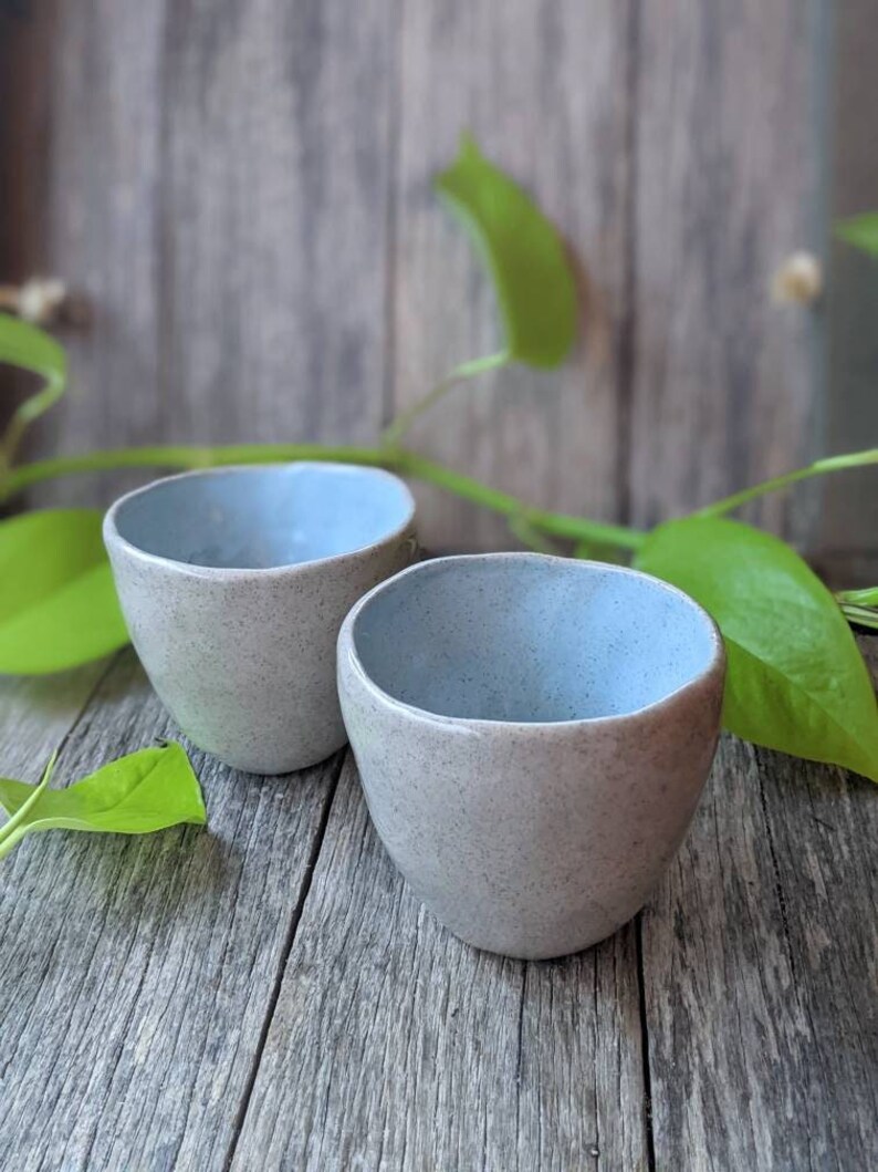 Snow Cones handmade pair of speckled clay mugs w turquoise or white gloss glaze. Unique modern ceramic cups w a beach, summer, ocean vibe Turquoise