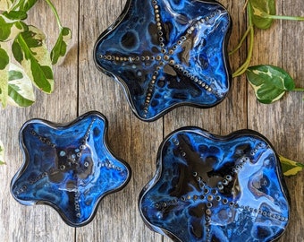 Sea Urchins - Handmade ceramic soap dish / berry bowl / snack bowl / jewellery or trinket dish. Black & blue gloss glaze. Marine beach decor