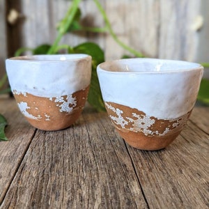 Snow Cones handmade pair of speckled clay mugs w turquoise or white gloss glaze. Unique modern ceramic cups w a beach, summer, ocean vibe White crackle