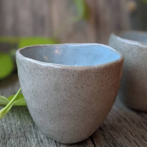 Snow Cones handmade pair of speckled clay mugs w turquoise or white gloss glaze. Unique modern ceramic cups w a beach, summer, ocean vibe image 4