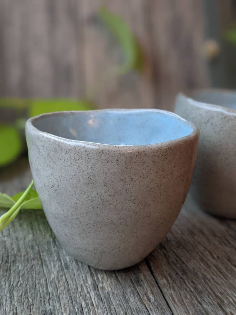 Snow Cones handmade pair of speckled clay mugs w turquoise or white gloss glaze. Unique modern ceramic cups w a beach, summer, ocean vibe image 4