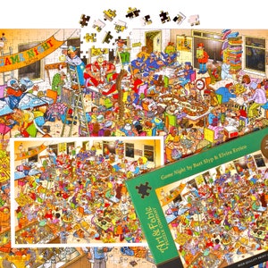 以下が含まれることがあります： ゲームの夜に集まった多くの人々を描いた、カラフルなイラストの1000ピースジグソーパズル。パズルボックスには、イラストのクローズアップと「ゲームナイト」というタイトル、アーティストのバート・スリップとエルビラ・エリッコの名前が書かれています。