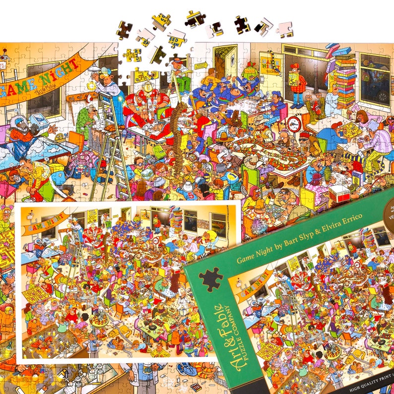 以下が含まれることがあります： ゲームの夜に集まった多くの人々を描いた、カラフルなイラストの1000ピースジグソーパズル。パズルボックスには、イラストのクローズアップと「ゲームナイト」というタイトル、アーティストのバート・スリップとエルビラ・エリッコの名前が書かれています。