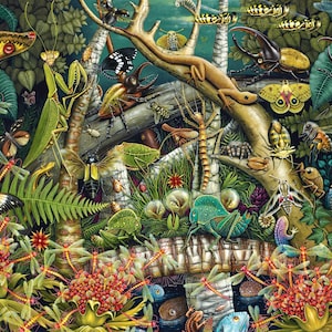 K&ouml;nnte beinhalten: Eine lebendige Illustration, die eine Vielzahl von Insekten und anderen Kreaturen in einer &uuml;ppigen gr&uuml;nen Dschungelumgebung zeigt. Das Kunstwerk umfasst Schmetterlinge, Libellen, K&auml;fer, Gottesanbeterinnen und andere Insekten, die alle mit aufwendigen Details dargestellt sind. Der Hintergrund zeigt einen dichten Dschungel mit &uuml;ppigem Laub und einem Holzast.