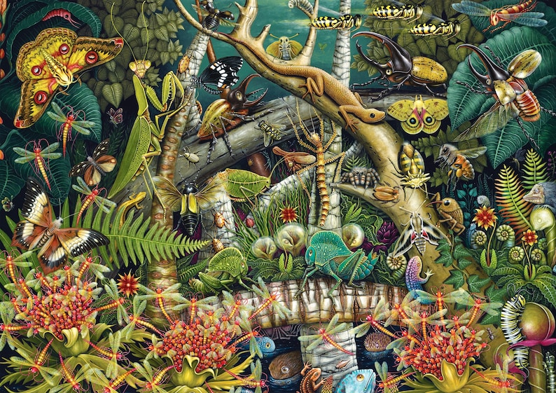 K&ouml;nnte beinhalten: Eine lebendige Illustration, die eine Vielzahl von Insekten und anderen Kreaturen in einer &uuml;ppigen gr&uuml;nen Dschungelumgebung zeigt. Das Kunstwerk umfasst Schmetterlinge, Libellen, K&auml;fer, Gottesanbeterinnen und andere Insekten, die alle mit aufwendigen Details dargestellt sind. Der Hintergrund zeigt einen dichten Dschungel mit &uuml;ppigem Laub und einem Holzast.